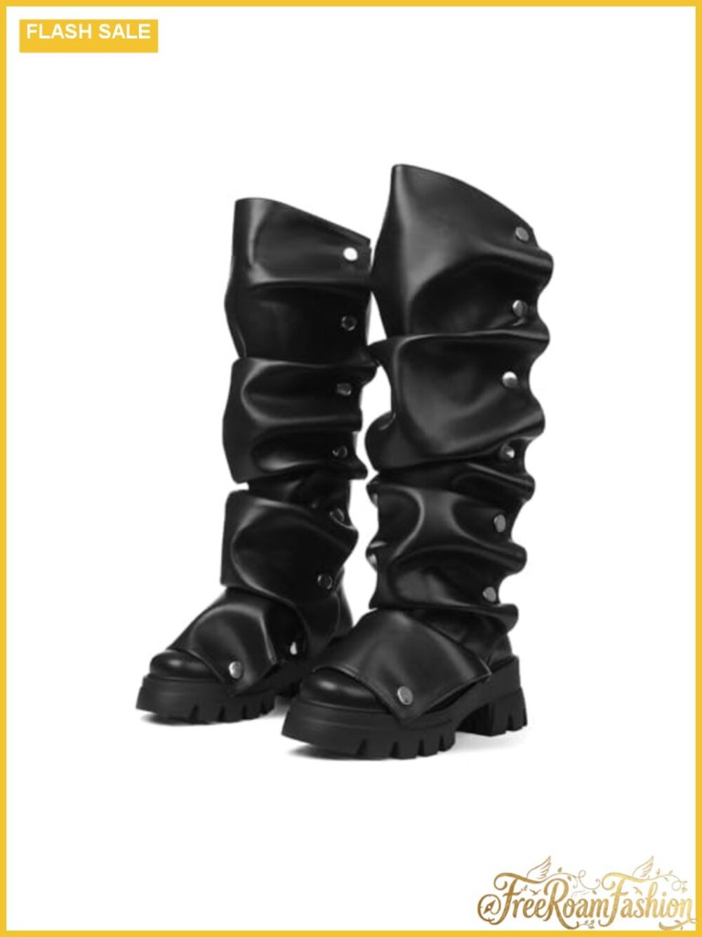 Platform Knee High Boots Fold Over Slouchy Ruched Stacked Heel Round Toe Pull
